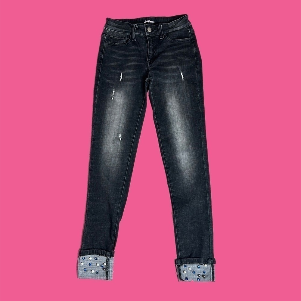 Vocal Women’s Rhinestone Pearls High Rise Cuffed Skinny Jeans Black Wash Sz S